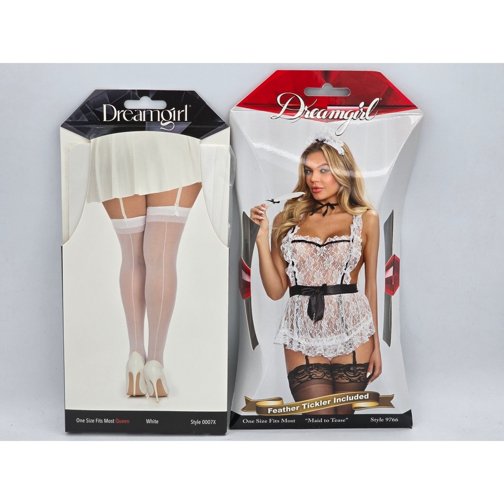 Dreamgirl Maid Lingerie Costume & Thigh High Stockings Set White OS Queen NEW